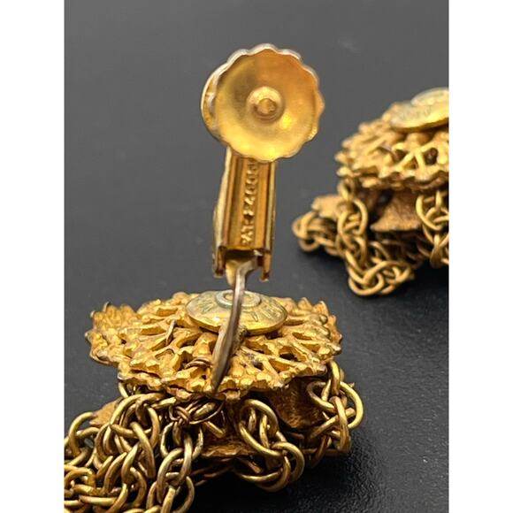 Miriam Haskell Vintage Signed Amber Crystal Floral Screw Back Chain Drop Earring - Picture 8 of 9